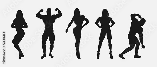 bodybuilding silhouette set. male and female athlete, bodybuilder, sport. isolated on white background. vector illustration.