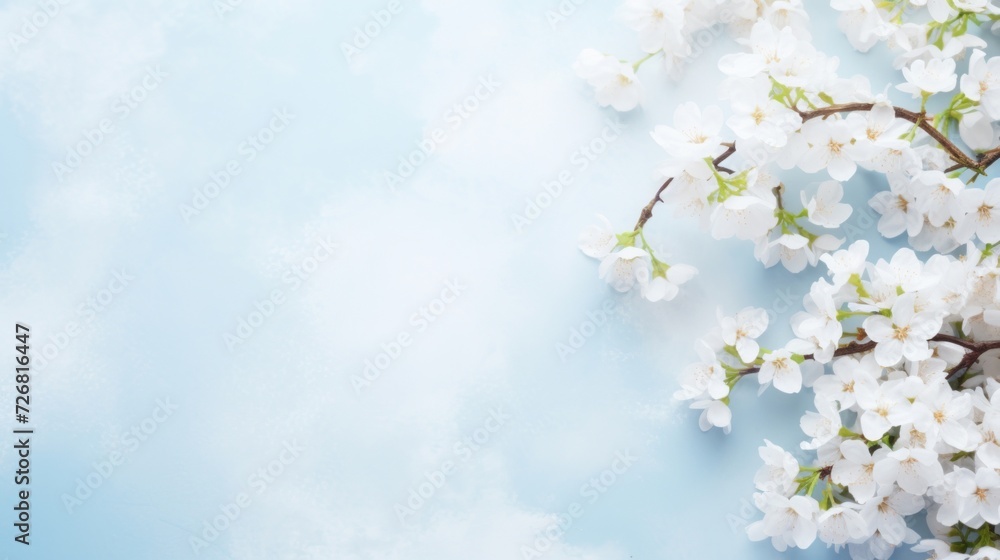 Delicate cherry blossoms branch over a soft pastel blue sky, symbolizing spring and renewal. Delicate cherry blossoms branch over a soft pastel blue sky, symbolizing spring and renewal.