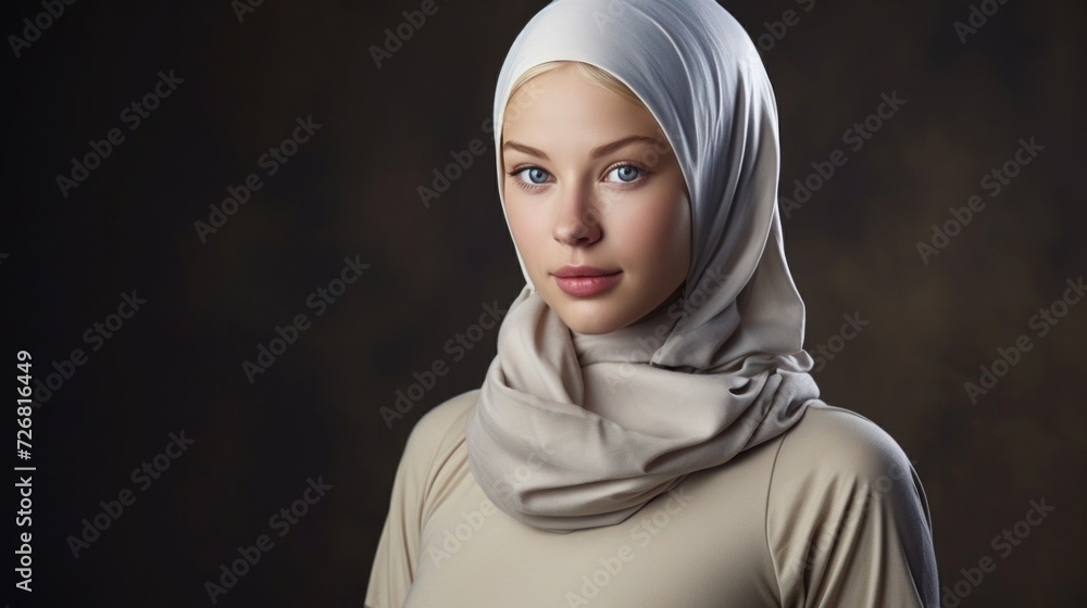 Elegant and poised, a young woman with blue eyes wearing a beige hijab against a dark backdrop. Elegant and poised, a young woman with blue eyes wearing a beige hijab against a dark backdrop.