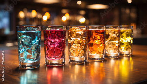 Nightclub bar counter illuminated with colorful drinks, whiskey celebration generated by AI