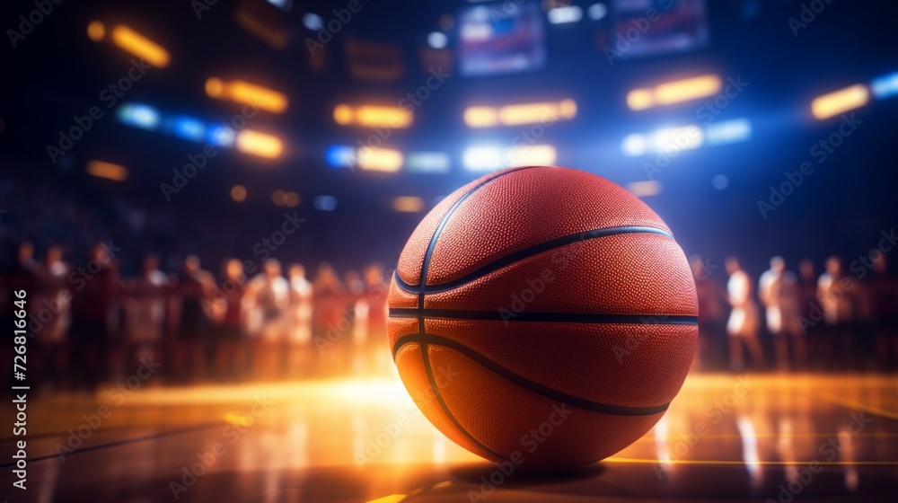 Basketball in focus on a glossy court with a spotlight and blurred audience in the background, game anticipation. Basketball in focus on a glossy court with a spotlight and blurred audience in the background, game anticipation.