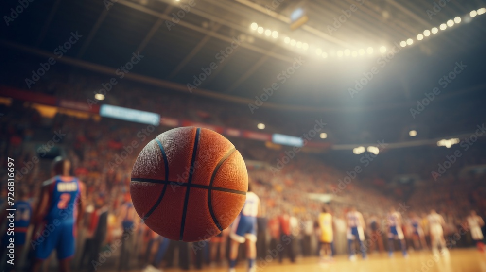 Focused image of a basketball mid-air during a professional game in a packed stadium. Focused image of a basketball mid-air during a professional game in a packed stadium.