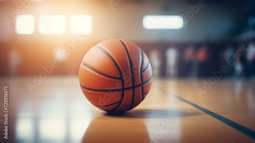 A detailed close-up shot of a basketball resting on the shiny hardwood court with blurred background.