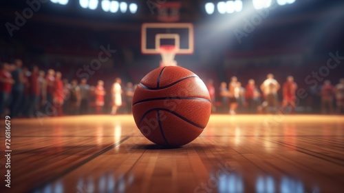 A detailed basketball sits on a shiny court with blurred audience in background.