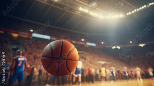 Focused image of a basketball mid-air during a professional game in a packed stadium. © red_orange_stock