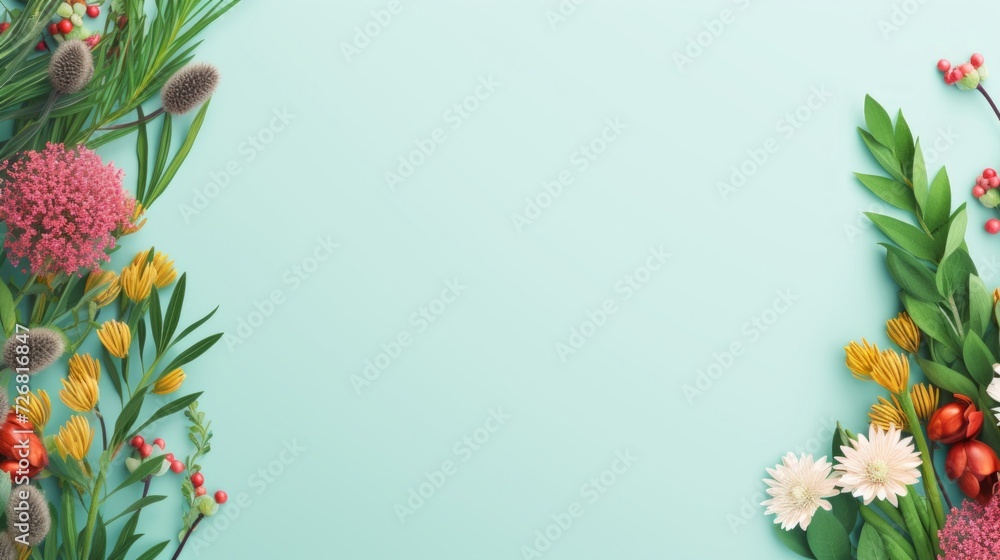 Vibrant floral arrangement creating a natural border on a serene blue background. Vibrant floral arrangement creating a natural border on a serene blue background.