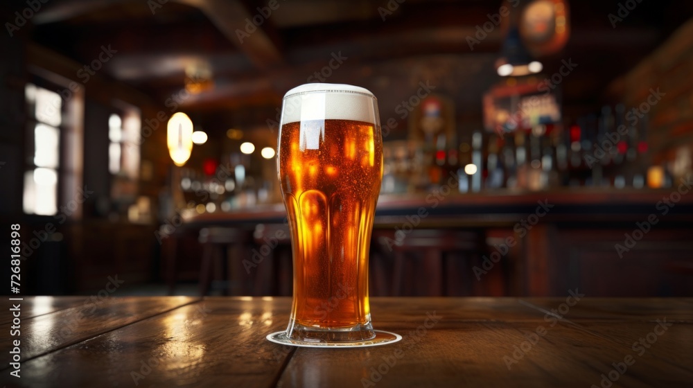 Pint of amber craft beer on wooden table with blurred pub background.