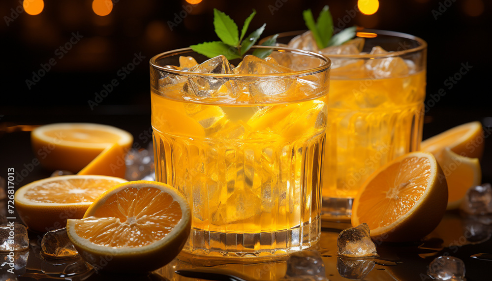 Fresh lemon slice in ice cold cocktail glass, perfect summer refreshment generated by AI Fresh lemon slice in ice cold cocktail glass, perfect summer refreshment generated by AI