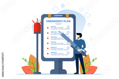 Business emergency plan concept, checklist to do in disaster, continuing business and building resilience concept, smart businessman leader holding pencil with siren flashing emergency plan paper. photo