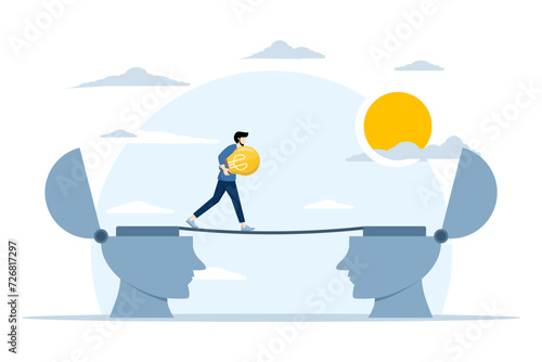 concept of Skills training or job transition, sharing knowledge or sharing ideas between employees or teams, businessman holding idea light bulb walking on bridge from human brain to another brain.