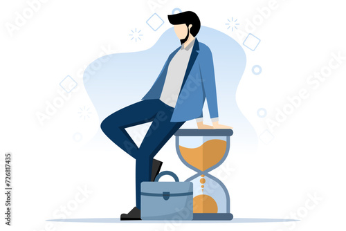 Concept of wasting time waiting and never starting a new business, depressed businessman sitting on time passing the hourglass or hourglass, time passing or ineffective thinking or laziness concept.