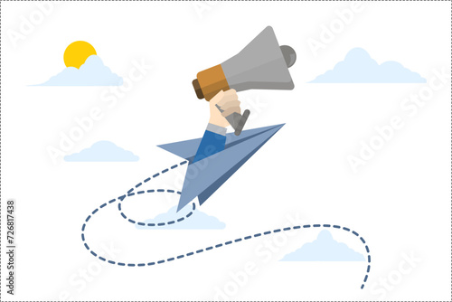 marketing process, businessman, marketing strategy, idea, analyst, business plan, paper airplane with businessman hand holding megaphone as advertising, banner flat vector illustration.