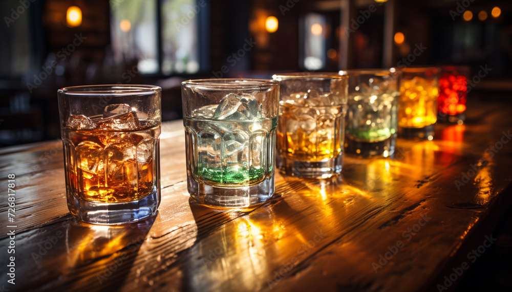 Whiskey glass on bar table, ice reflects dark night generated by AI Whiskey glass on bar table, ice reflects dark night generated by AI