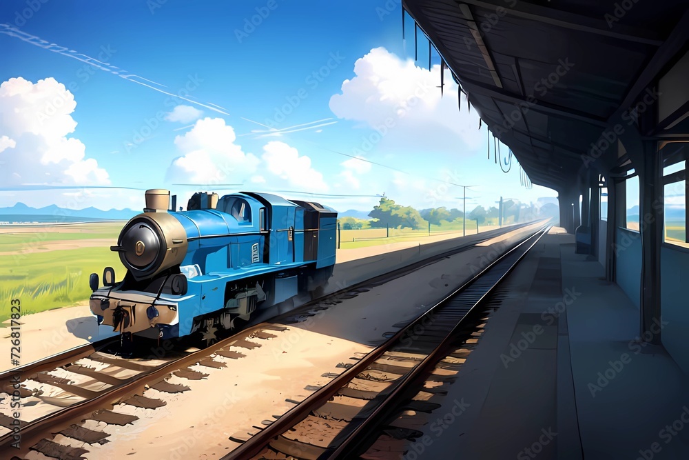 Obraz premium 異世界田舎の駅舎とディーゼル機関車の風景