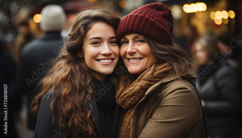 Smiling young women in warm clothing embrace, radiating joy and love generated by AI