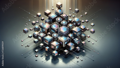 Futuristic microservices architecture with sleek metallic shapes and iridescent accents.