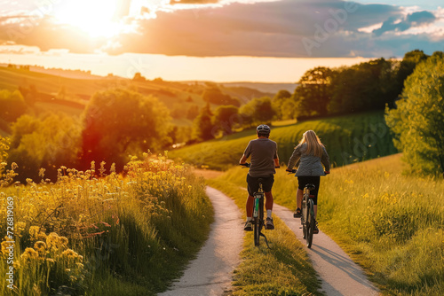 man and a woman cycling through picturesque countryside, enjoying the scenery photo