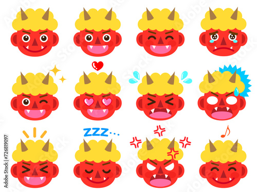 赤い鬼の顔アイコンベクターイラスト素材セット