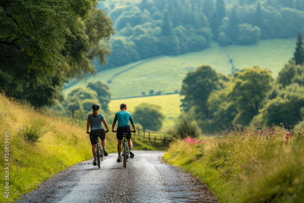 man and a woman cycling through picturesque countryside, enjoying the scenery