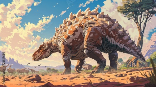 An Ankylosaurus stands its ground against a pack of smaller predators its armored body a formidable defense in the open savannah. © Justlight
