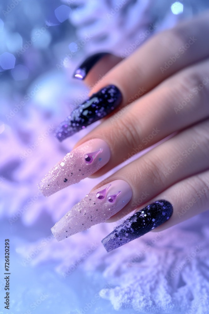A woman's hand with really intricate holographic manicure. A woman's hand with really intricate holographic manicure.