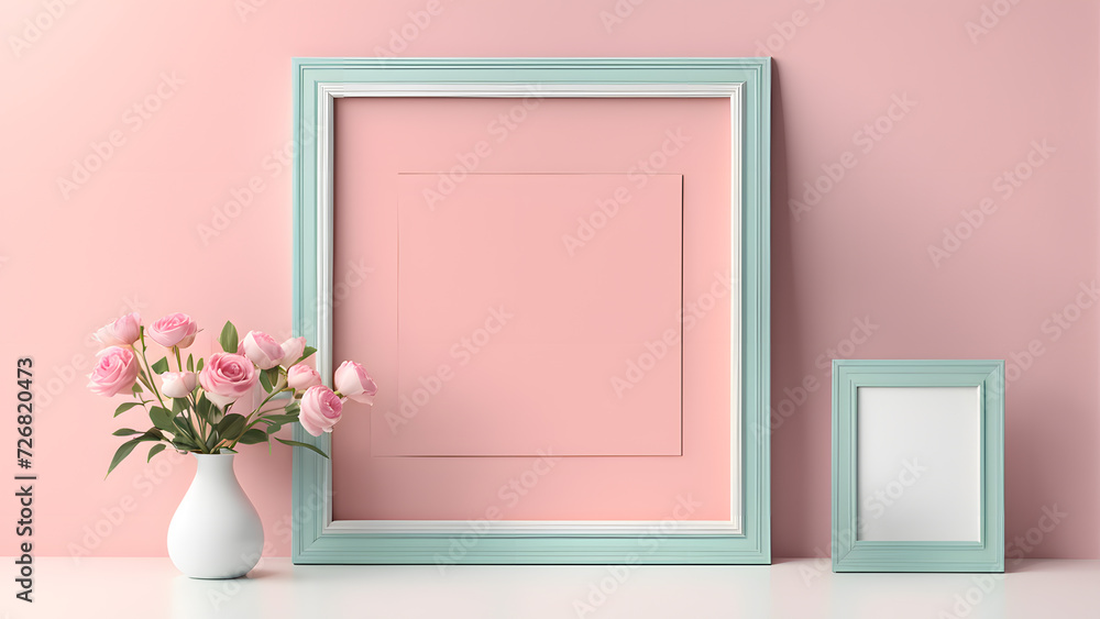 3D blank photo frame mockup isolated flower pastel background with space text for women's day and mother's day poster illustration 3D blank photo frame mockup isolated flower pastel background with space text for women's day and mother's day poster illustration