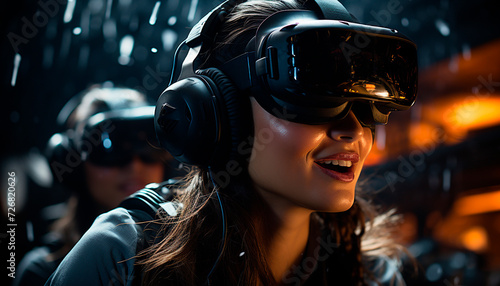 Young women enjoying virtual reality simulator in illuminated nightclub generated by AI