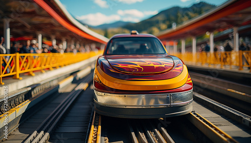 Car speeding on railroad track, city life in motion generated by AI