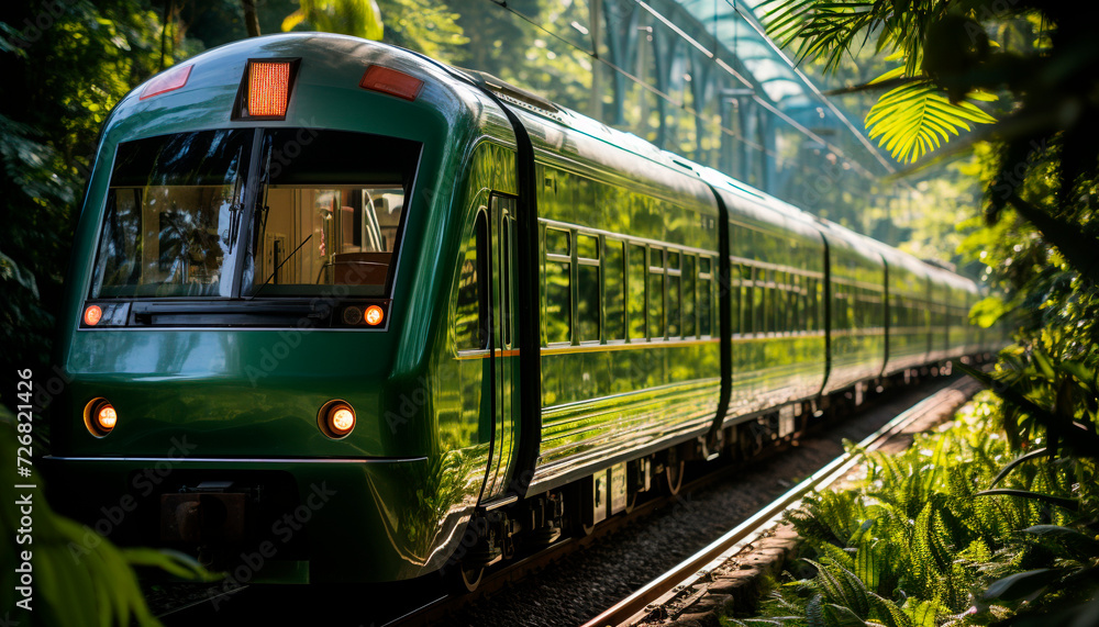 Naklejka premium Passenger train speeds through city, illuminating modern architecture generated by AI