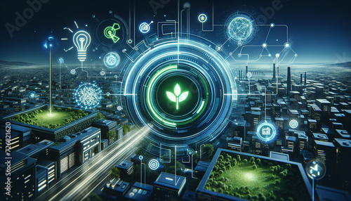 Futuristic Green Energy Certification Emblem in High-Tech Setting