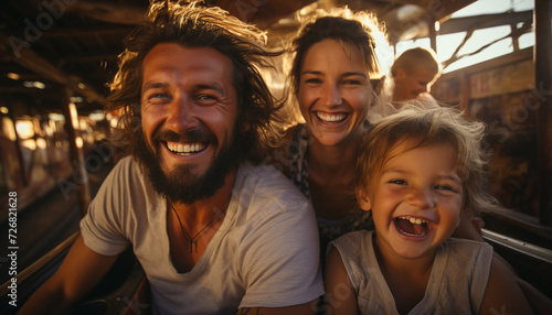 A happy family enjoying summer, smiling and looking at camera generated by AI
