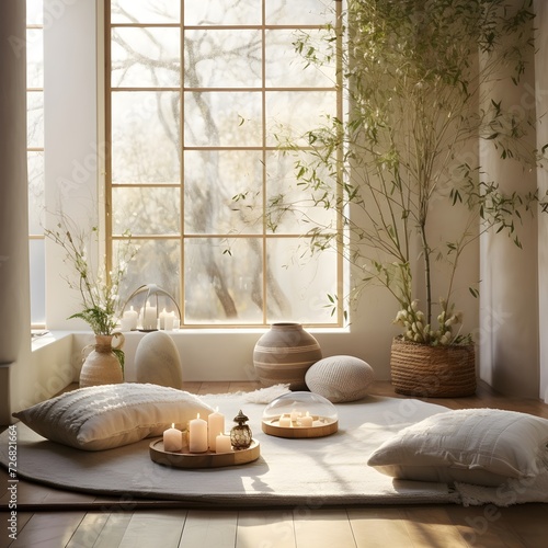 A dedicated meditation space with a Zen aesthetic. Picture neutral tones, such as soft grays and whites, creating a serene atmospher