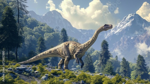 A large planteating dinosaur grazes on the sp vegetation of a high mountain meadow its long neck and strong legs allowing it to reach the highest branches. © Justlight