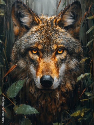 jungle shot  acrylic painting  Wolf facing camera  full body pose  focus on Wolf - generative ai