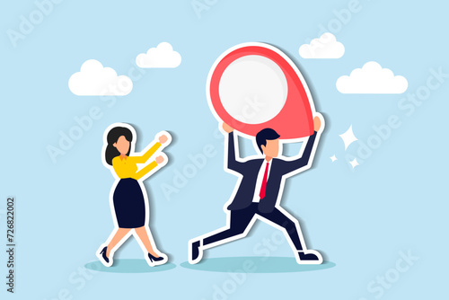 In the concept of relocating a business office to a new address, joyful businessmen and businesswomen run towards the new destination, carrying an address pin or map mark.
