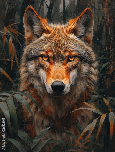 jungle shot, acrylic painting, Wolf facing camera, full body pose, focus on Wolf - generative ai