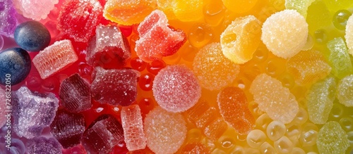 Colorful macro photograph of various sugary treats including candies, fruit jelly, and multicolored marmalade coated in sugar. photo