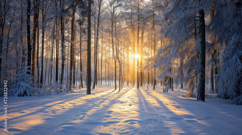 Sunlight Filters Through Snow-Covered Trees in Winter Landscape