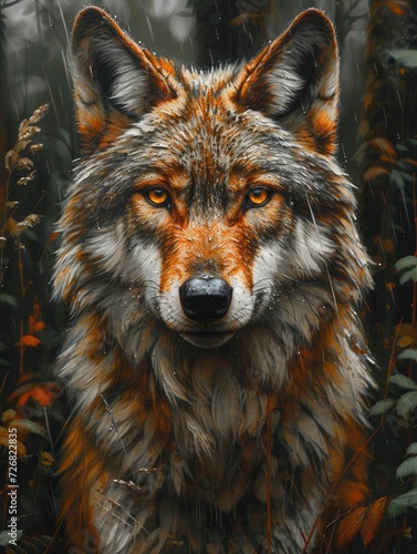 jungle shot, acrylic painting, Wolf facing camera, full body pose, focus on Wolf - generative ai © Nia™