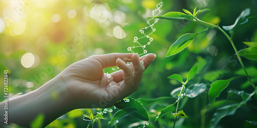 Scintific Technology, hand holding DNA network on green background | The Green Code: Nurturing Scientific Advancements through DNA Networks photo