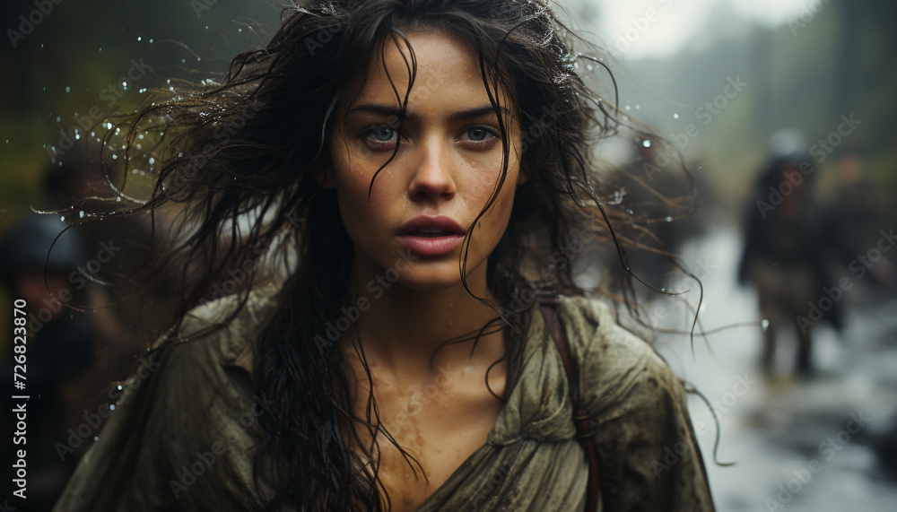 Young woman in nature, wet hair, looking sensually at camera generated by AI Young woman in nature, wet hair, looking sensually at camera generated by AI