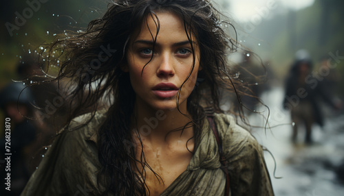 Young woman in nature, wet hair, looking sensually at camera generated by AI