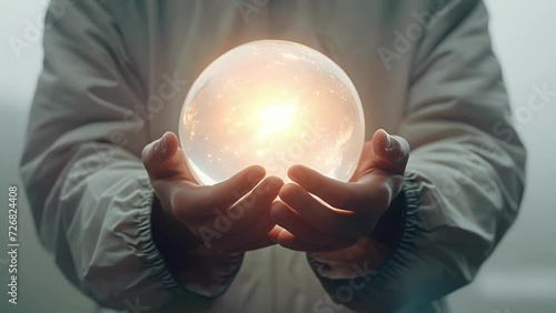A pair of hands grasping a glowing crystal ball representing the powerful insight and vision of angels. photo