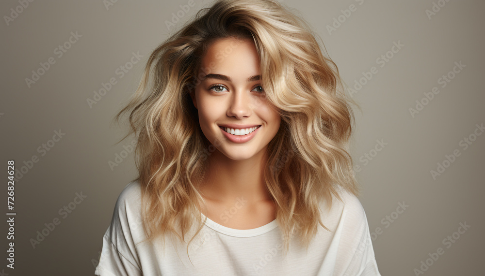 Obraz premium Beautiful woman with long blond hair smiling and looking at camera generated by AI