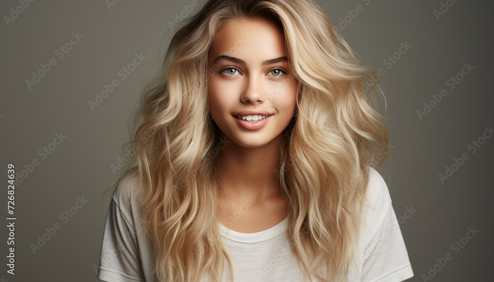 Beautiful woman with long blond hair smiling at the camera generated by AI Beautiful woman with long blond hair smiling at the camera generated by AI