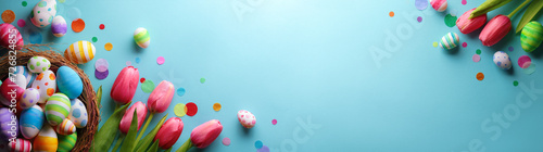 Pastel colored decorated easter eggs and tulips on a bright blue background.