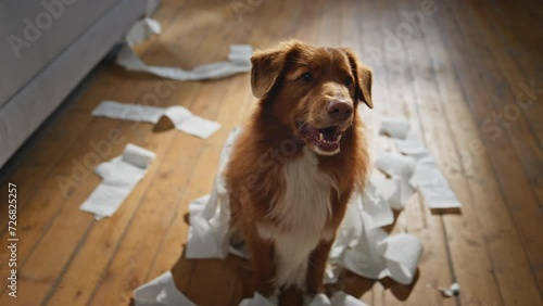 Cute pet misbehave home close up. Naughty dog unrolling chewing toilet paper photo