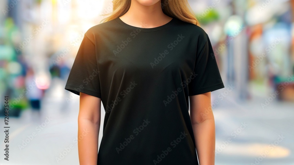 Young Model Shirt Mockup, girl wearing black t-shirt on street in daylight, Shirt Mockup Template on hipster adult for design print, women in shorts wearing casual t-shirt mockup placement, generative