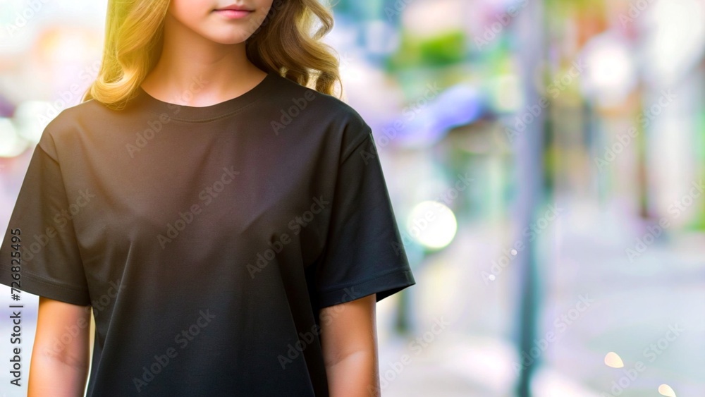 Young Model Shirt Mockup, girl wearing black t-shirt on street in daylight, Shirt Mockup Template on hipster adult for design print, women in shorts wearing casual t-shirt mockup placement, generative