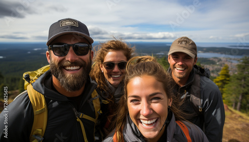 Smiling men hiking, adventure in nature, happiness, cheerful adults generated by AI